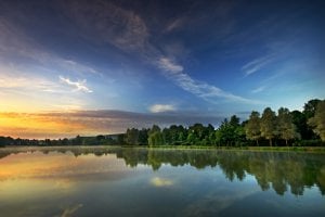 Lake with blue evening sky above